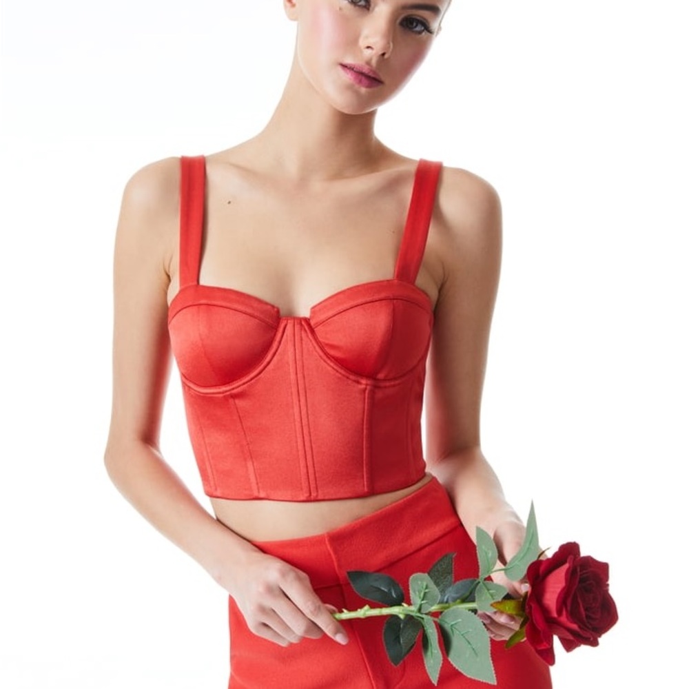 Alice + Olivia Jeanna Bustier Cropped Bright Poppy Red Smocked Corset Top 0